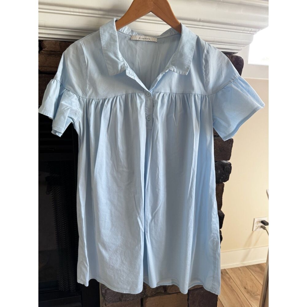 Dreamers Baby Blue Nightgown M Cotton Blend Flutter Sleeve Cottagecore Sleepwear